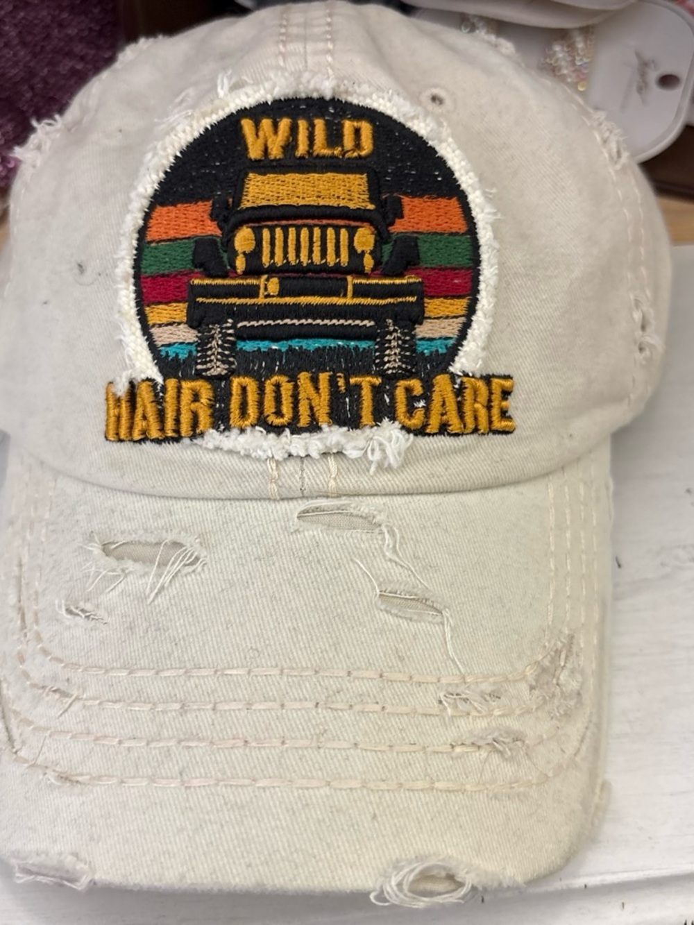 Wild Hair Don't Care Beige Embroidered Baseball Cap